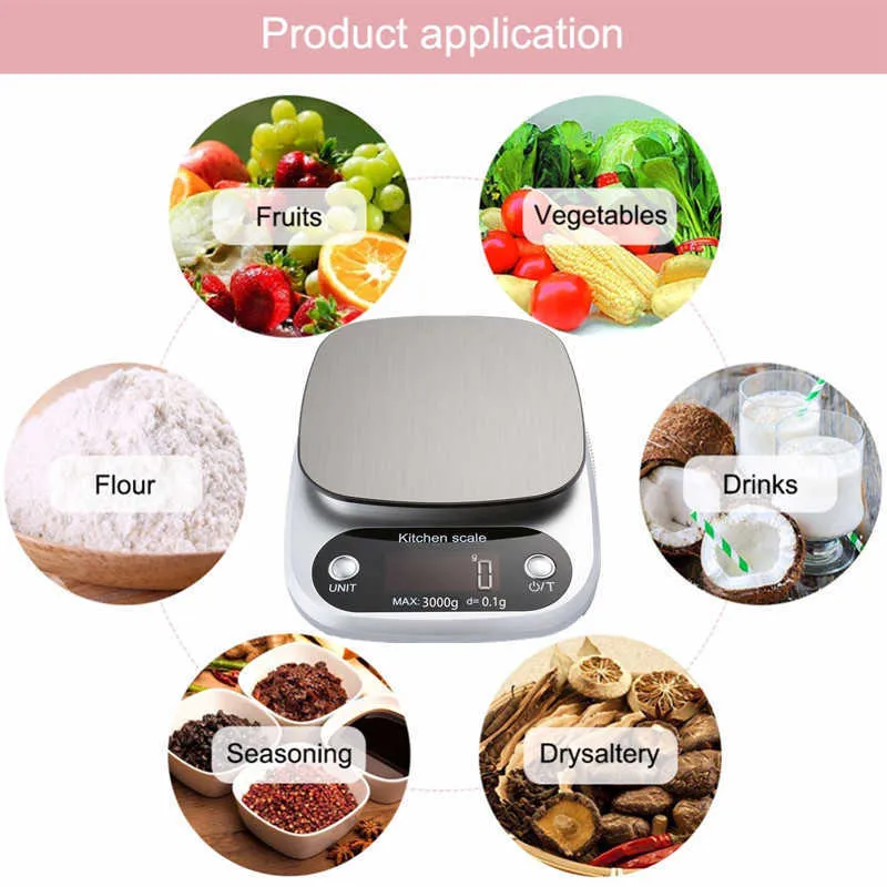 10 kg digitale Küchenwaage, 3 kg/0,1 g Lebensmittelwaage, Multifunktionsgewicht, elektronische Back- und Kochwaage, Edelstahlplattform 210915