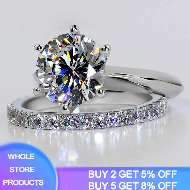Cluster Rings Amazing! Luxury 1.5Ct Zircon Rings Set Solid White Tibetan Silver Wedding Band Set for Women Stackable Ring Allergy Free Jewelry G230228