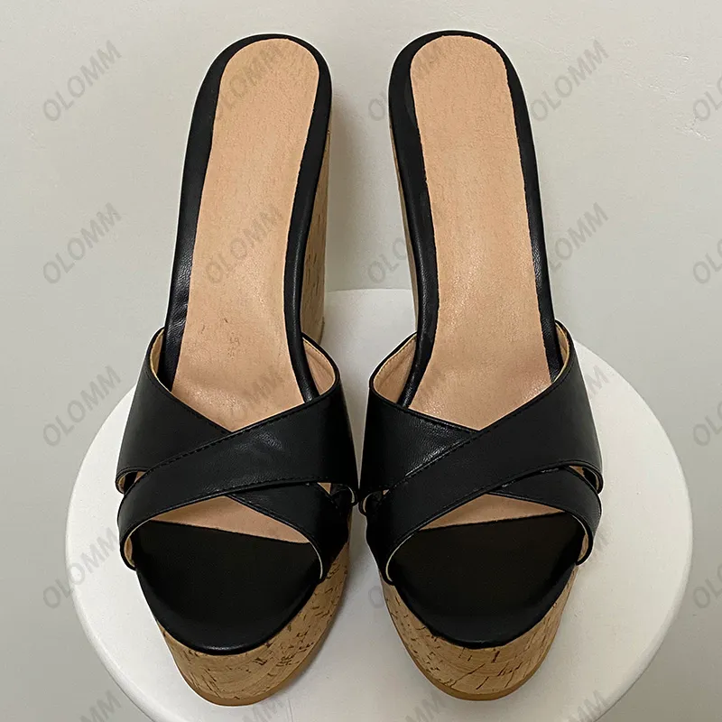 Rontic New Arrival Women Platform Mules Sandals Slippers Wedges Heels Open Toe Elegant Black Casual Shoes US Plus Size 5-20