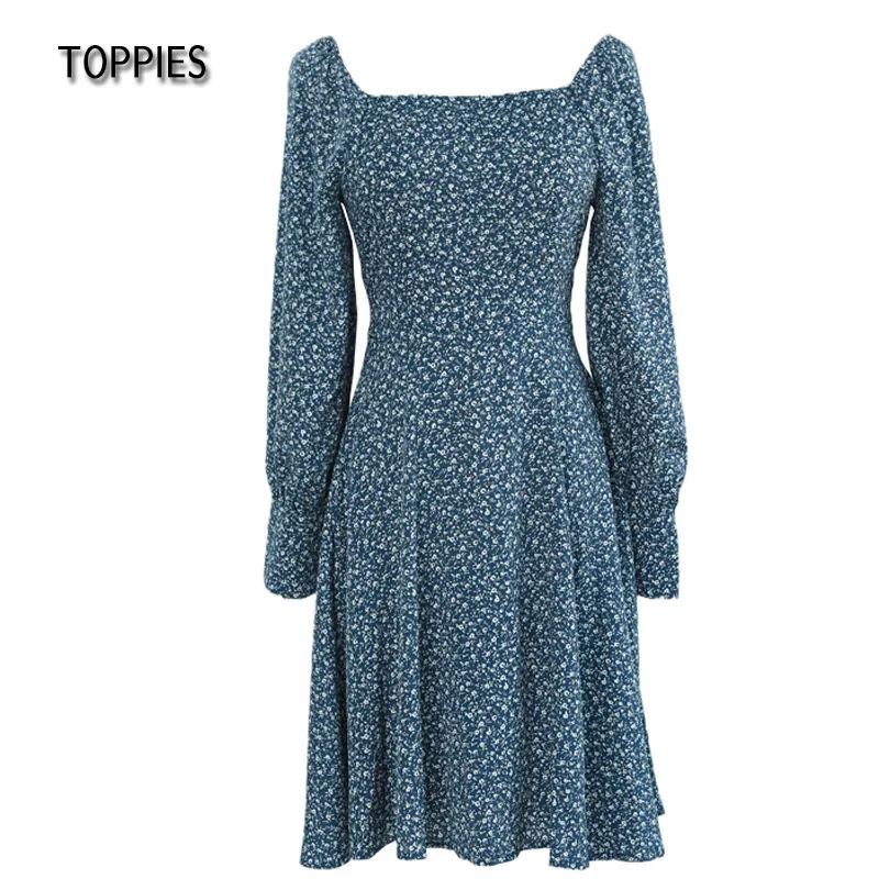 Toppies kvinnor miniklänningar vestidos blommor tryck fransk stil klänning puff långärmad damer sundress 220215