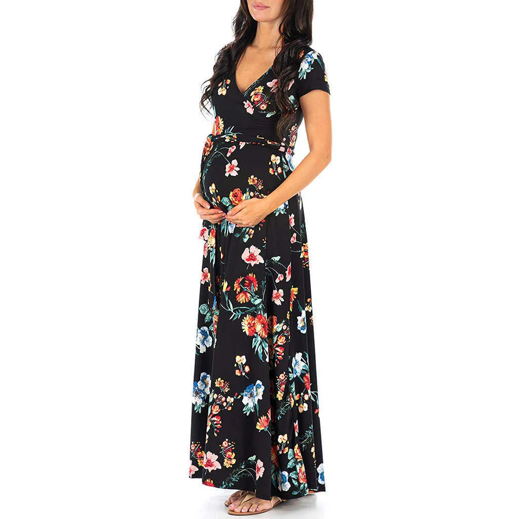 Nouveau été maternité Maxi robe vêtements d'allaitement pour les femmes enceintes robe d'allaitement col en v imprimé fleuri lactation vêtements Q0713