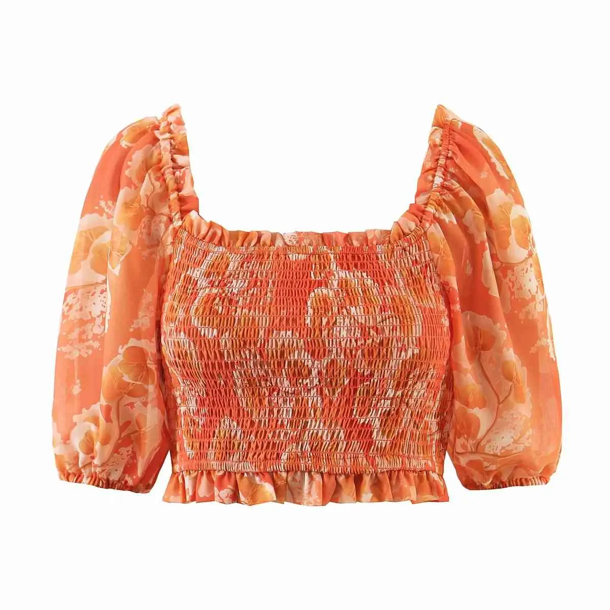 Off Schulter Chiffon Bluse Tops Orange Frauen Halbe Hülse Elastische Rohr Crop Sommer Strand Blusa Mujer 210427