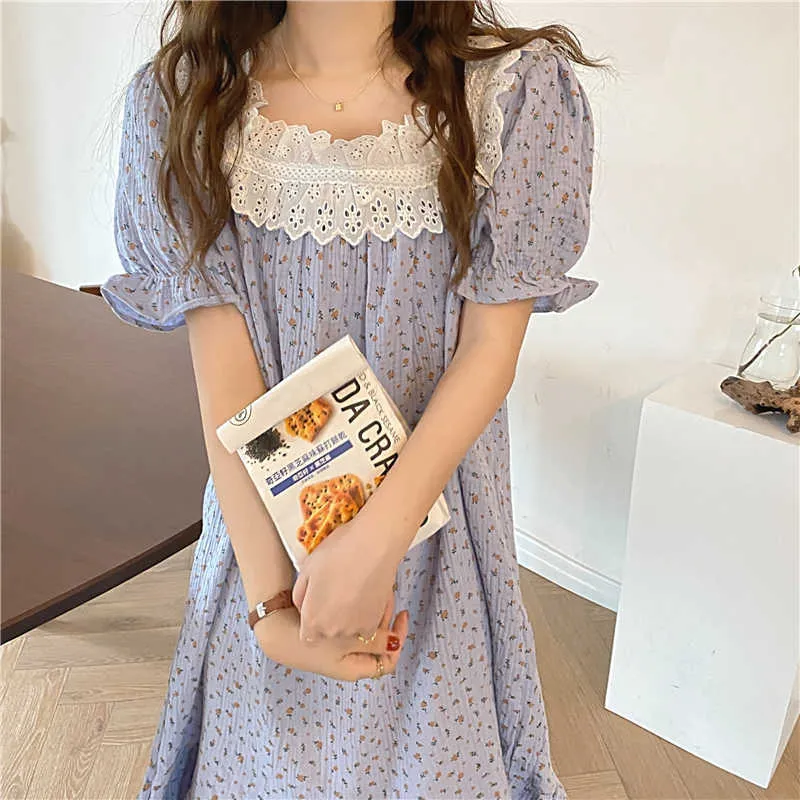 Sweet Sleepwear Girls Florals Printed Home Wear Lace Patchwork Princess Kvinnor Chic Loose Cotton Pyjamas Nightdress 210525