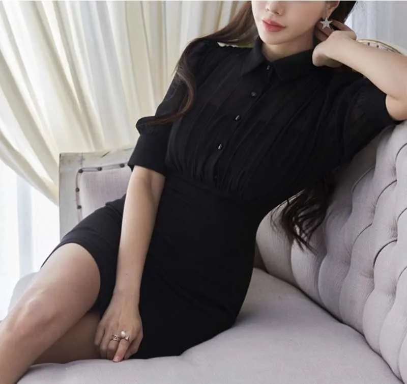 Sommer Elegante Frauen Bleistift Kleid Koreanische Dünne einreiher Mantel Bodycon Kleider Vestidos 210531