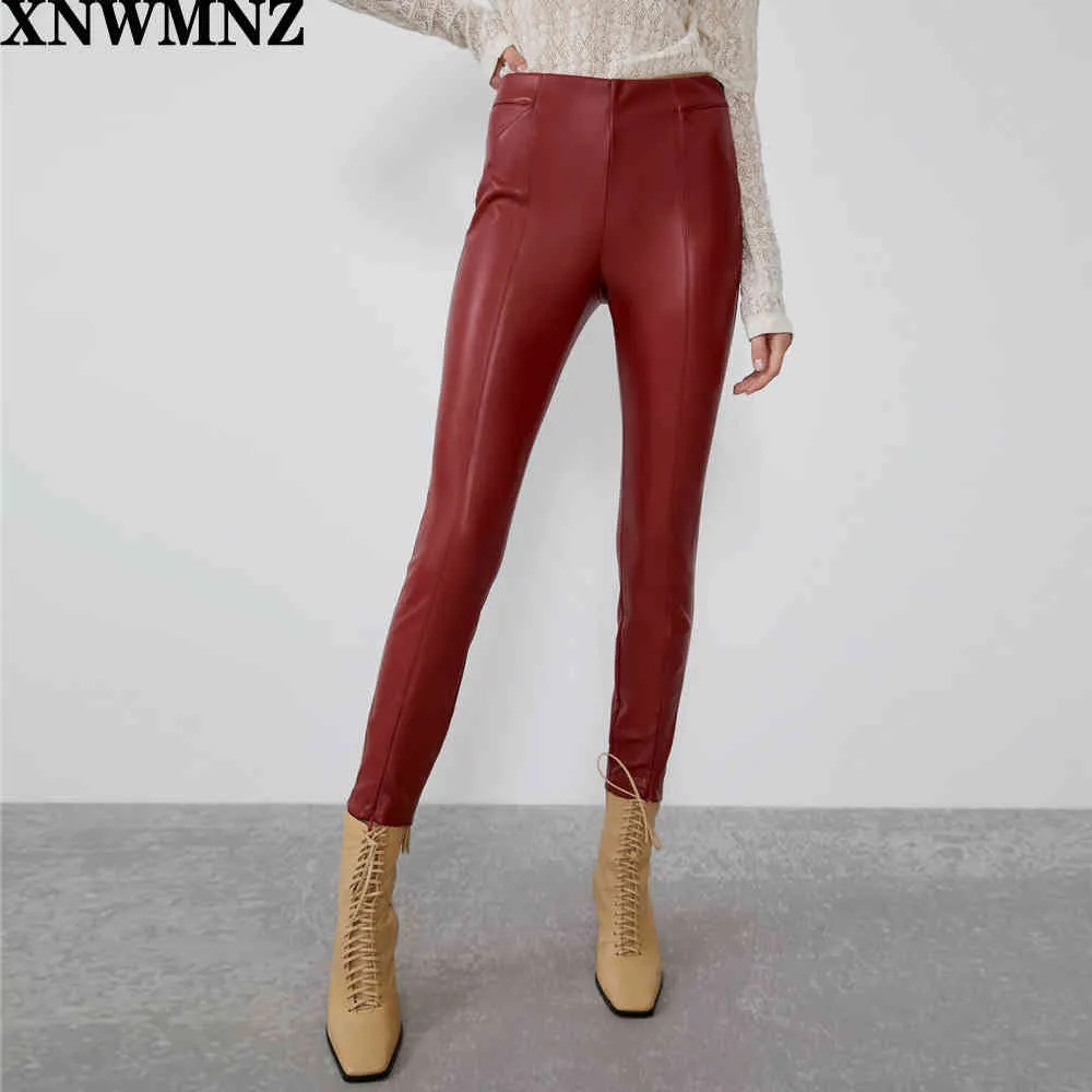 Autumn Women High Wasited Faux Leather Trousers Ladies Fall Wine Red Slim Fit Fleece PU Skinny Stretchable Pencil Pants 210520
