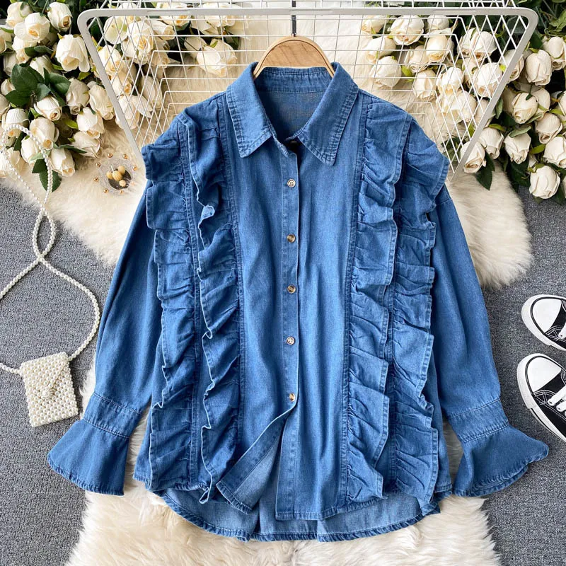 İlkbahar Sonbahar Retro Denim Bluz Kadın Tatlı Ahşap Kulakları Yaka Slim Fit Blusa Yabani Trompet Kollu Gömlek C273 210506