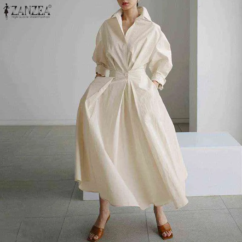 Kadın Sonbahar Sundress ZANZEA 2021 Zarif Gömlek Elbise Katı Uzun Kollu Maxi Vestidos Kadın Rahat Yüksek Bel Robe Boy 7 Y220222