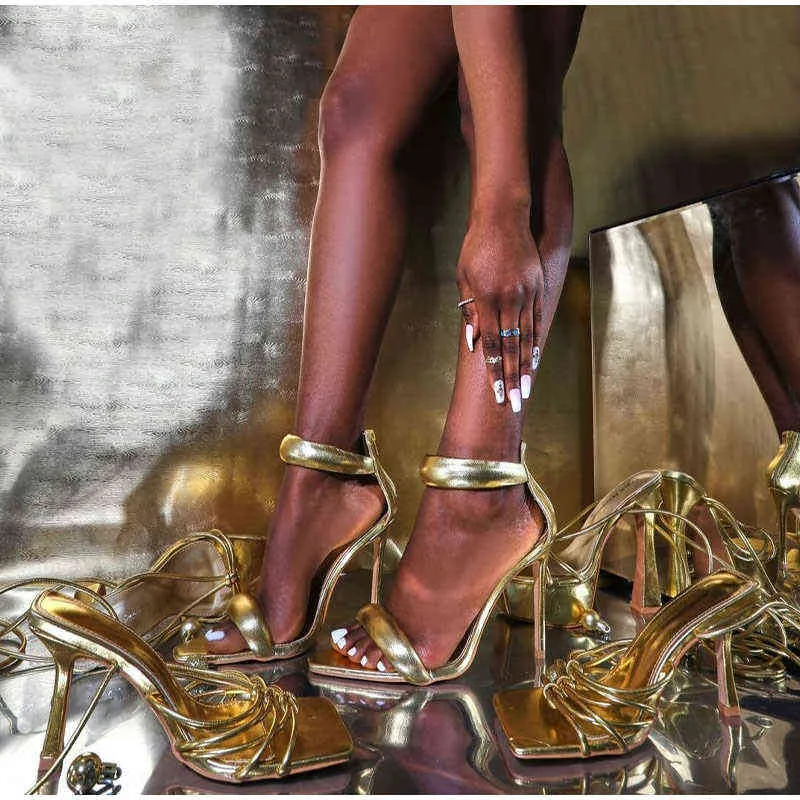 Jurk schoenen nieuwe sexy vrouwen sandalen gouden kleur rug rits dame feest wieden dunne hoge hakken meisje vierkante teen 42 grote maten 220303