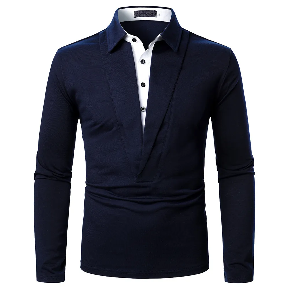 Fałszywy Dwa Kawałek Męskie T Shirt Casual Slim Jesień Z Długim Rękawem Koszulki Polo Mężczyźni Patchwork Kontrast Streetwear V-Neck Para Hombre 210524