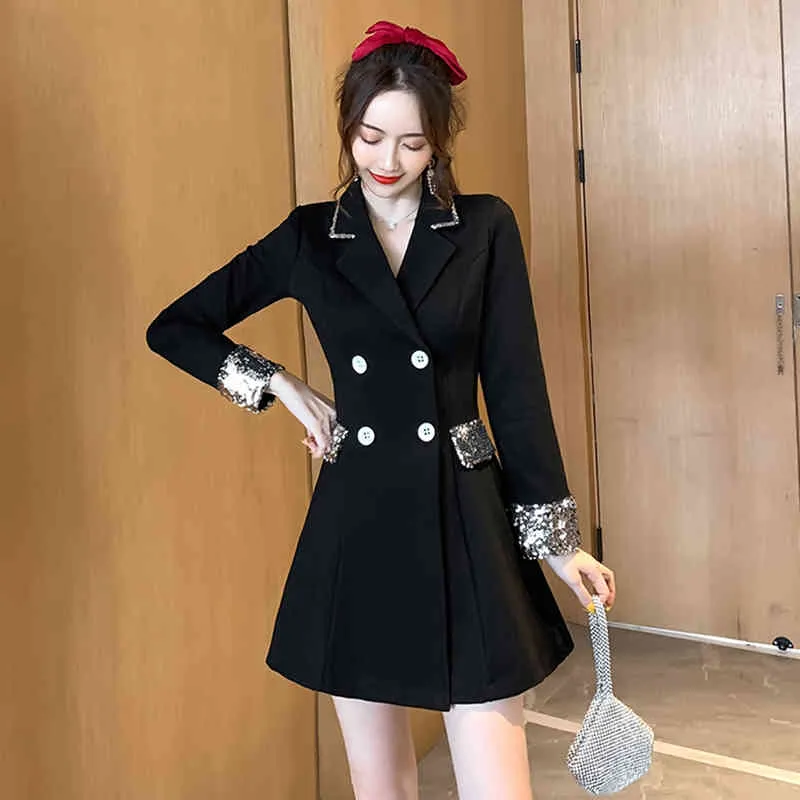 春の秋の女性のドレス韓国風ステッチスーツカラーダブルブレストスリミング長袖ES GX707 210507