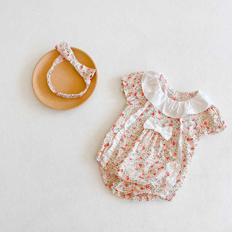 Zomer baby meisje bodysuit korte mouwen bloemen boog jumpsuit met hoofddeksels geboren schattige stijl kinderkleding E2003 210610