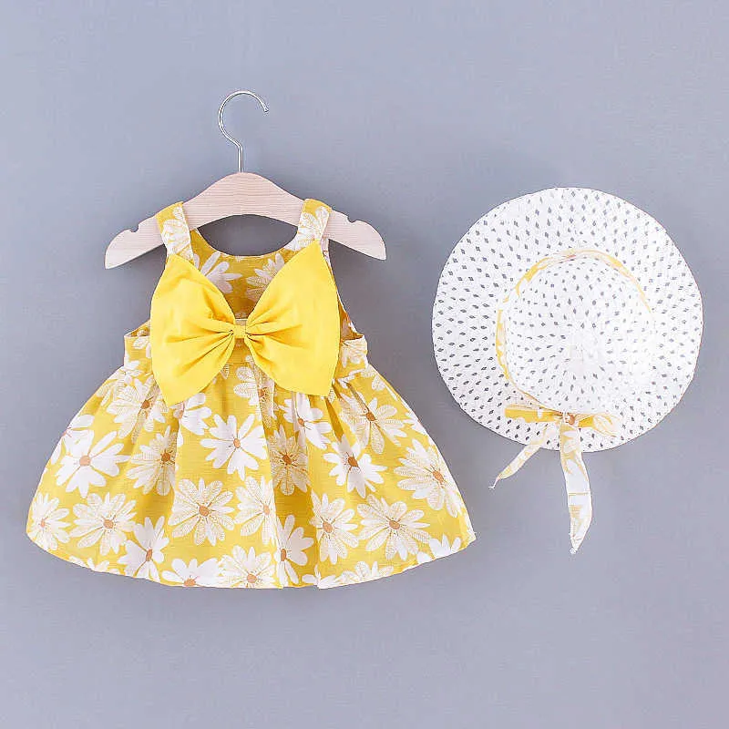 2021 Nouvelle mode bébé fille robes princesse vêtements mignon ensemble fête coton fleur enfants chapeau sans manches doux 1-3 ans Q0716
