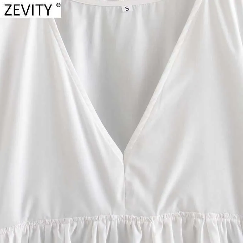 Zevity femmes doux col en V couleur unie popeline décontracté robe droite Chic Femme lanterne manches plis robe plage tissu DS4961 210603