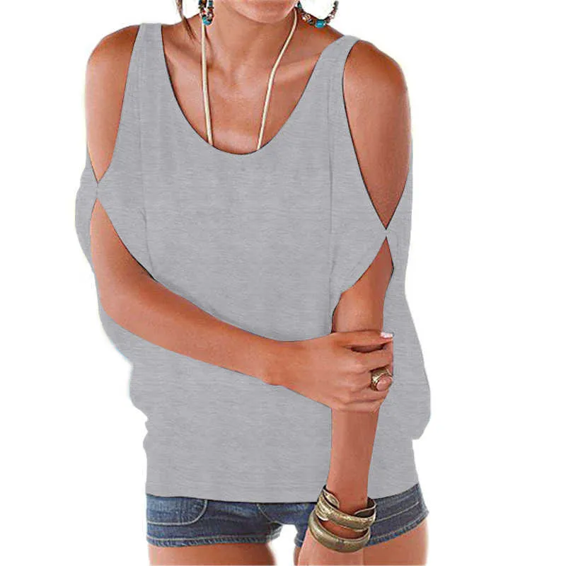 Zsibo Slit Sleeve Cold Ramię Topy Koszula Kobiety Casual Summer T Shirt Girl Tee T Shirt Loose Top T-shirt Plus Size X0628