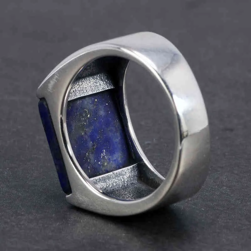 Solid 925 Sterling Silver Silver Lapis Lazuli AGATE Ring para Homens Gemstone Simple Clássico Masculino Jóias 211217
