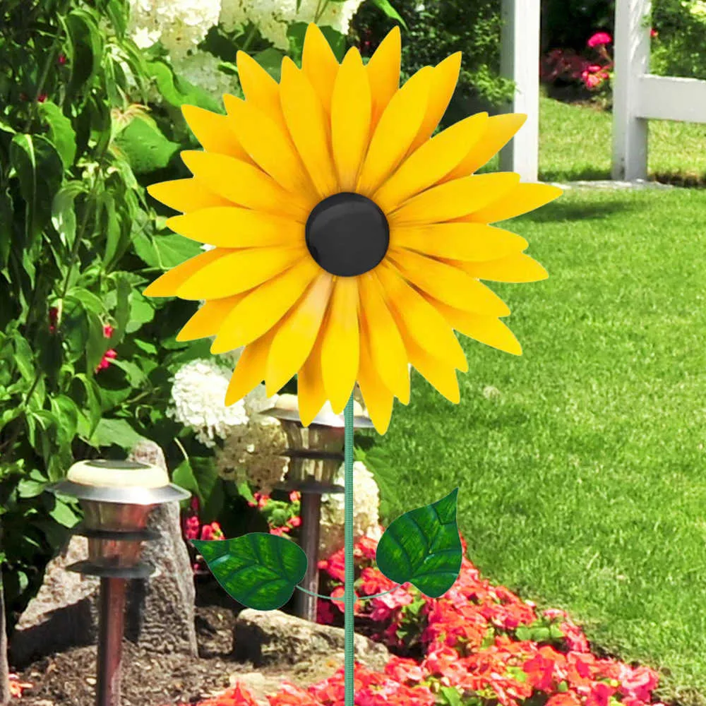 Girassol amarelo moinho de vento decoração criativo ferro forjado girassol girador esculturas jardim quintal gramado moinho vento decorações q08297g