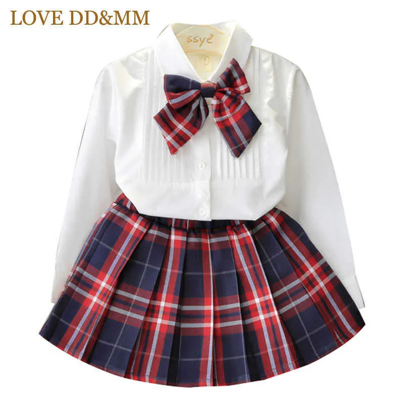 Kärlek DDMM Tjejer Sätter Höst Barnkläder Tjejer College Wind Långärmad Bow Ladies Shirt + Plaid Skirt Suit 210715