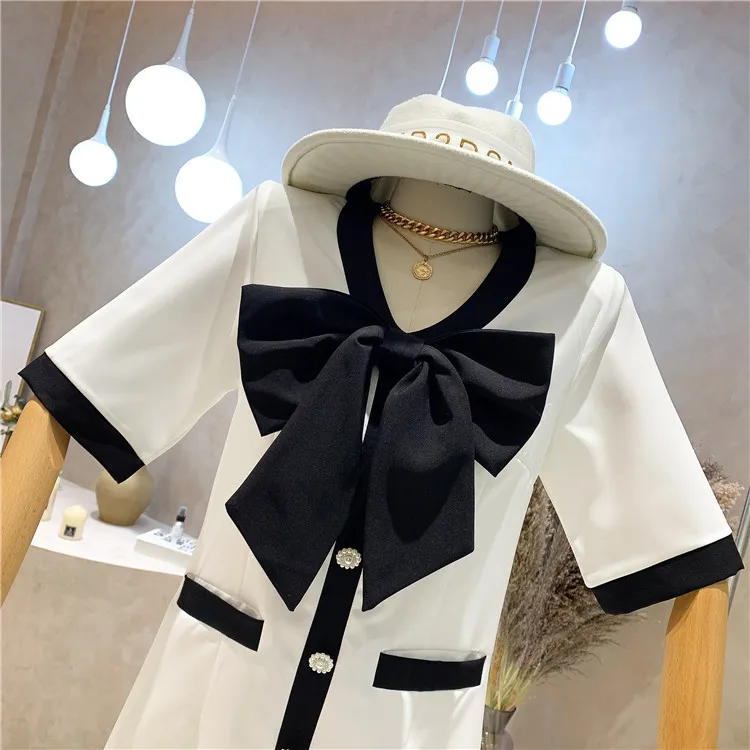 Robes d'été Femmes Vintage Big Bow Hit Couleur Taille Haute Simple Poitrine Casual Slim Mini 210519