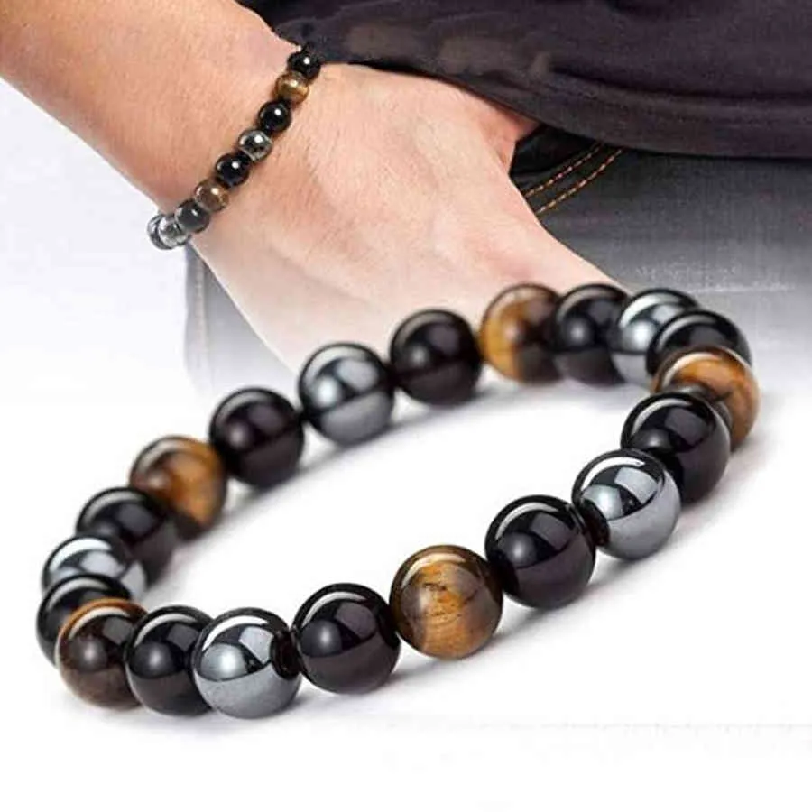 Bracelet en pierre naturelle œil de tigre, Triple Protection, hématite et obsidienne, équilibre de santé, guérison, bijoux d'âme