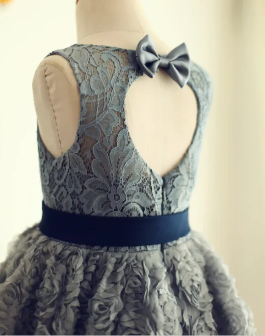 Gray Lace Rosette Keyhole Flower Girl Dress/Communion/Baptism/Junior Bridesmaid Dress/Baby Girl Dress/Navy Blue Bow Sash/Wedding