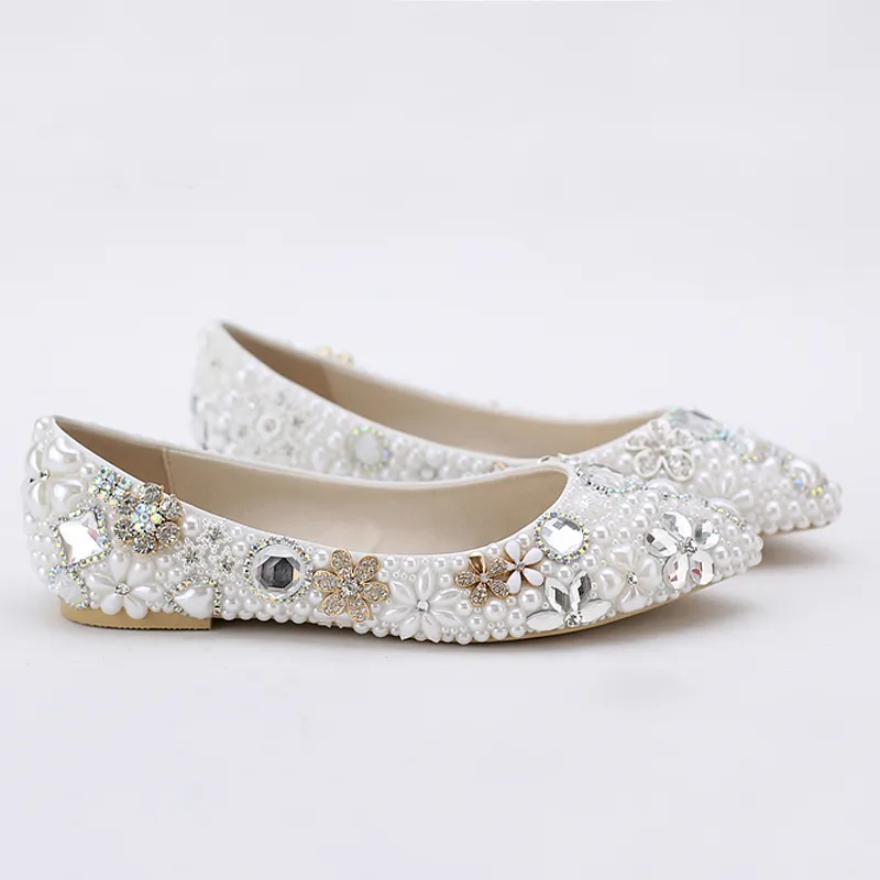 Güzel düz topuk beyaz inci düğün ayakkabıları rahat kristal gelin daireleri özelleştirilmiş gelin ayakkabıları artı boyutu 42 43233s