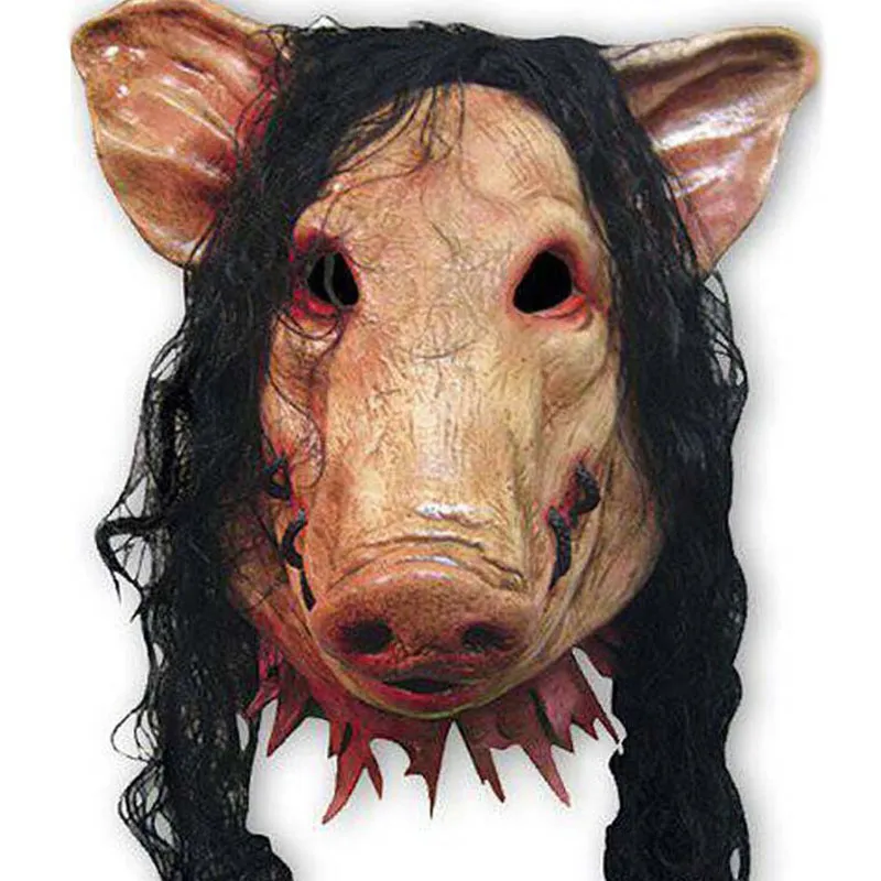 Scary Pig Mask with Long Black Hair Full Head Halloween Party Mask Cospaly Animal Latex Mask Masquerade Fancy Dress Carnival Mask
