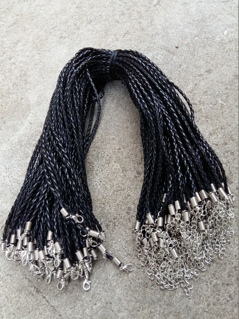 Cordons de collier tressés en cuir PU noir, 18, 20, 22, 24 pouces, 4mm, avec fermoir à homard, pour bricolage, C280D