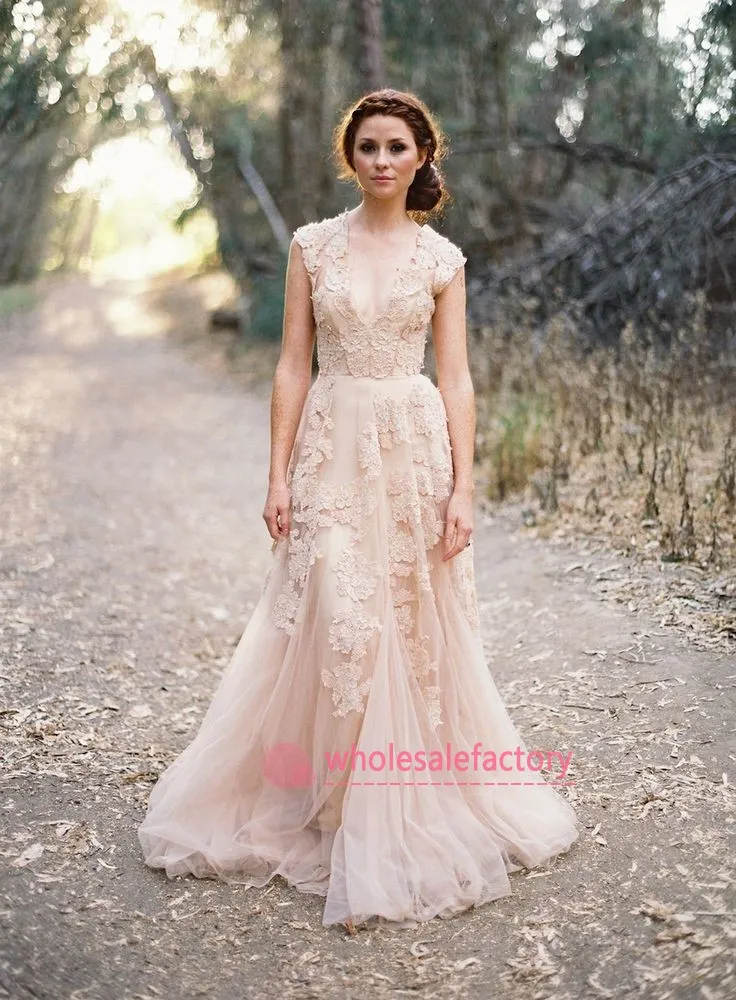 Cheap Blush Champagne V Neck Lace Wedding Dresses Reem Acra Puffy A Line Bridal Gowns Vintage Country Garden Wedding Dresses BO6089