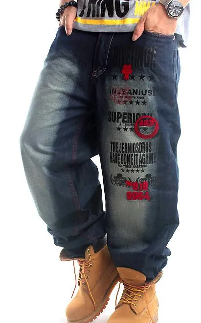 New Plus Size hip hop baggy jeans men Letter Print hip hop dance pants Skateboard Jeans Loose Style most popular jeans for men