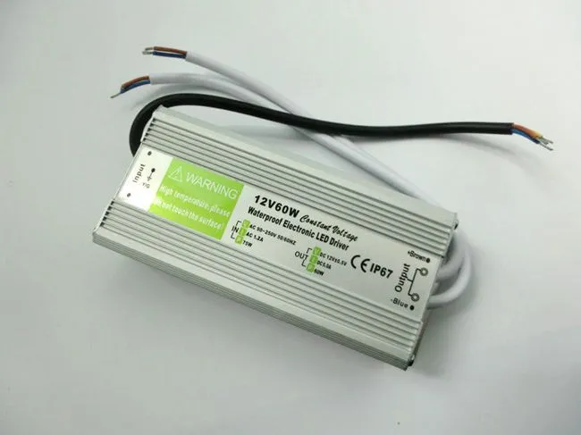 60W Waterproof Outdoor LED Power Supply Driver 90-267V AC to 12V 24V DC Transformer IP67 for LED Module and Strip