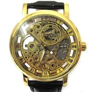 Originele Merk Winnaar Goud Mode Casual Roestvrij Heren Mechanisch Horloge Skeleton Hand Wind Horloges Voor Mannen Lederen Horloge Tr225L