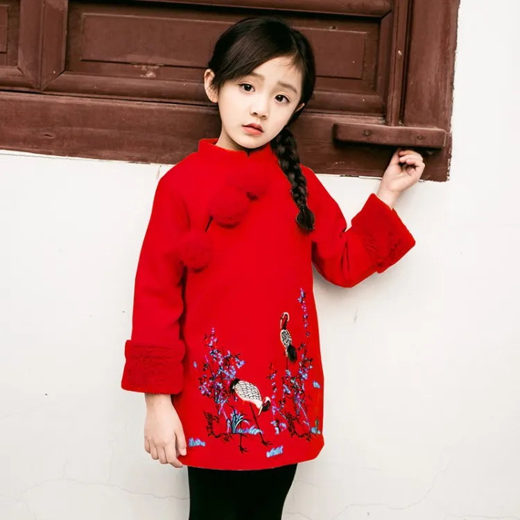 Kids Girls Dresses New Winter Chinese Cheongsam Style Thick Warm New Year Baby Girls Long Sleeve Princess Dresses For 2-8 Years 