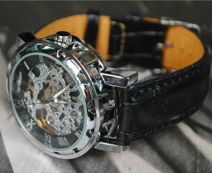 Vencedor relógio vintage esqueleto transparente roda engrenagem totem esporte militar relógios pulseira de couro mecânico automático relógio de pulso291w