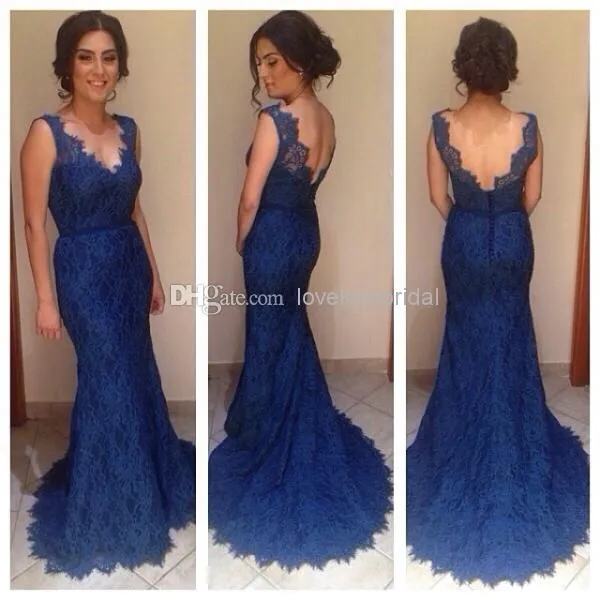 Royal Blue Lace Abendkleider V-Ausschnitt Backless Mermaid Sweep Zug Formal Gown Mutter der Braut Kleid