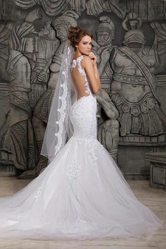 Designers White Lace And Court Train Illusion Transparent Back Mermaid Wedding Dresses With Removable Train Bridal Dresses Tulle