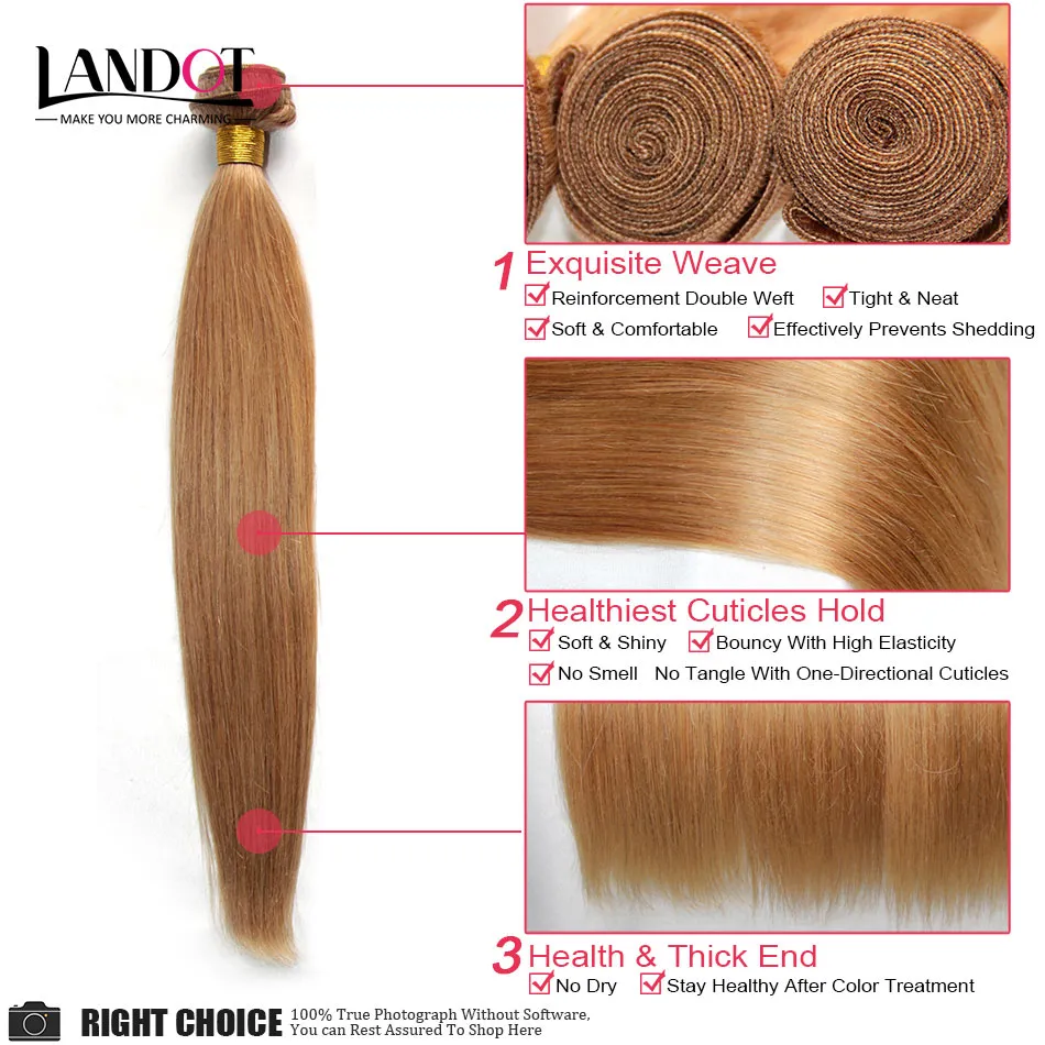 Honey Blonde Human Hair Weaves Bundles Color 27# Brazilian Peruvian Malaysian Indian Russian Straight Virgin Remy Hair Extensions Grade 8A