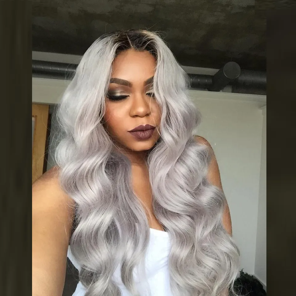 Brazilian ombre grey glueless human hair wigs wavy with bleached knots