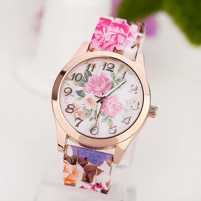 geheel nieuwe mode quartz horloge rose bloemenprint siliconen horloges bloemen jelly sporthorloges voor dames heren meisjes roze who241c