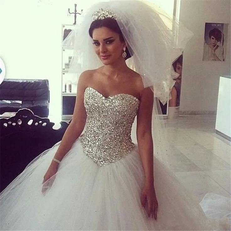 Sparkling Wedding Dresses Ball Gown Puffy White With Crystals Rhinestones Tulle Arabic Bridal Gowns Real Image Fluffy Dress For Bridal