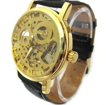 Originele Merk Winnaar Goud Mode Casual Roestvrij Heren Mechanisch Horloge Skeleton Hand Wind Horloges Voor Mannen Lederen Horloge Tr225L