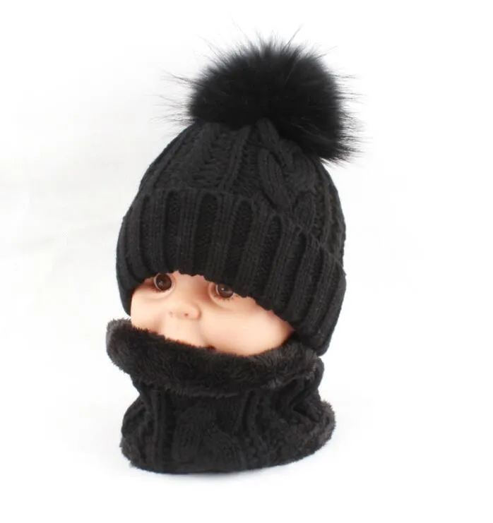 Children kids Winter Hat Scarf set Raccoon Fur Ball Hat Pom pom Beanies Baby Girls Warm Fleece Cap Scarf Set294h