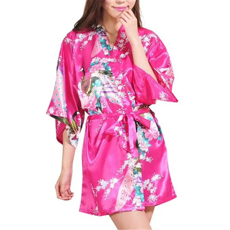 Ladies Satin Robes Wedding Robe Sleepwear Pijama Bathrobe Women's Peacock And Blossoms Silk Kimono Robe Sexy Nightgown