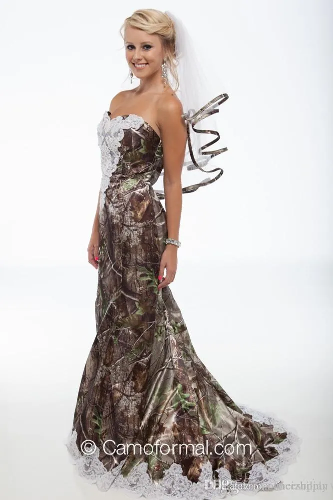 2016 Einzigartige Realtree Mermaid Camo Brautkleider Neuer Schatz mit weißer Perlenspitze rückenfrei Sweep Zug Wald Brautkleider Cu193x