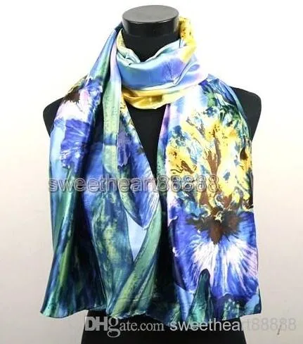 1 pièces jaune bleu lys fleur foulards Satin peinture à l'huile longue enveloppe châle plage foulard en soie 160X50cm264l