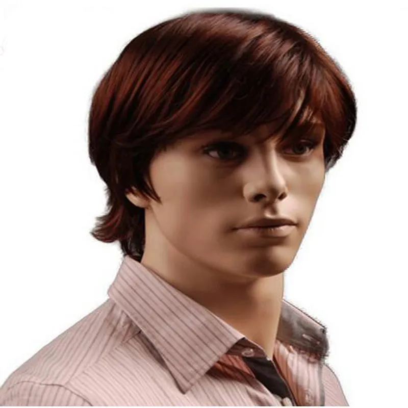 8 inch Puffy Synthetic Reddish Brown Short Mens Wig Natural Male Hair 