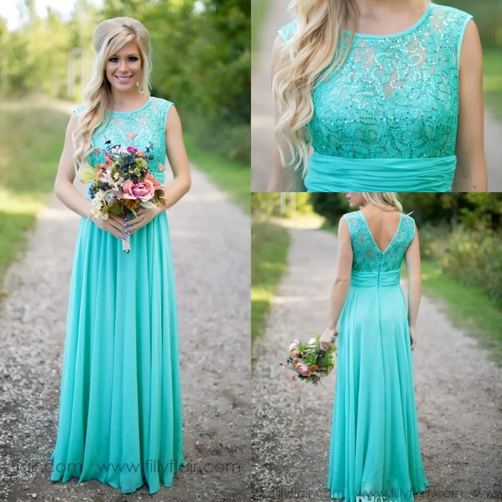 Cheap Country Turquoise Mint Bridesmaid Dresses Illusion Neck Lace Beaded Top Chiffon Long Plus Size Maid of Honor Wedding Party Dress