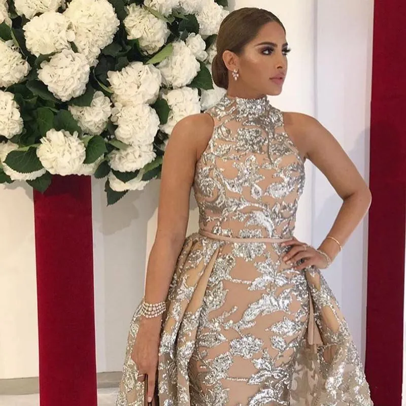 Yousef Aljasmi 2023 High Neck Prom -klänningar med löstagbart tåg Modest Luxury Shiny Lace Applique Plus Size Evening Pageant Wear 285U