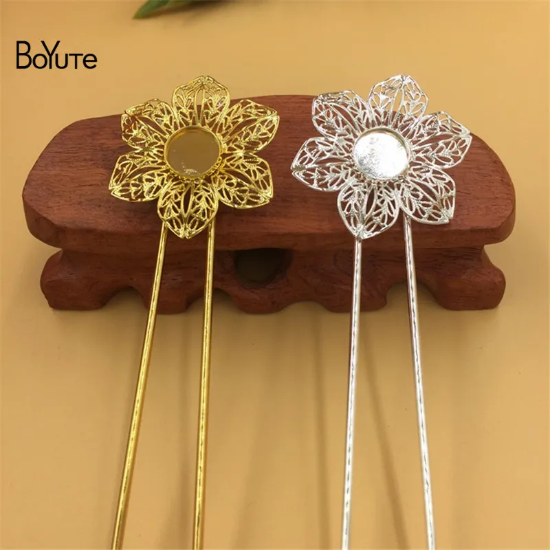 BoYuTe 12MM Cabochon Base Tray Silver Gold Kanzashi Hair Stick Women Diy Accessories Hair Jewelry239t