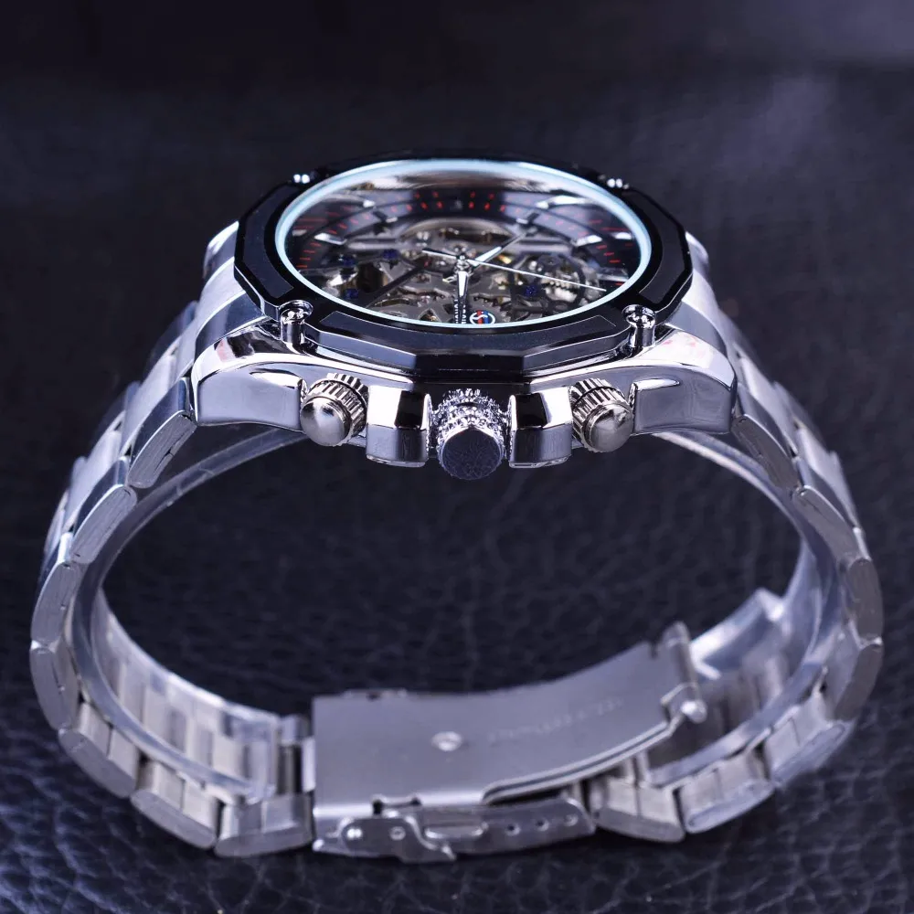 Forsining mecânico steampunk design moda vestido de negócios relógio masculino marca superior luxo aço inoxidável esqueleto automático watch303k