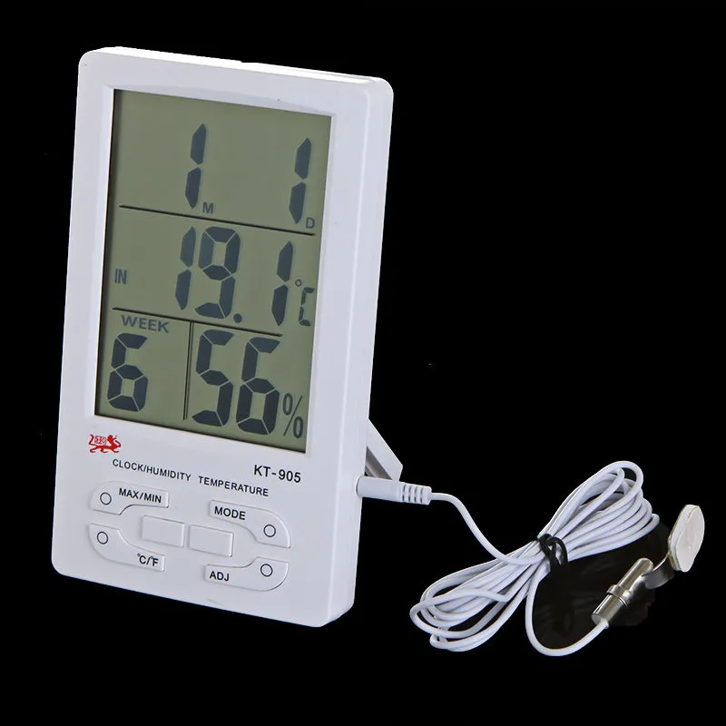 Digital interior exterior LCD reloj termómetro higrómetro temperatura humedad medidor C / F pantalla grande KT-905 KT905 envío gratis